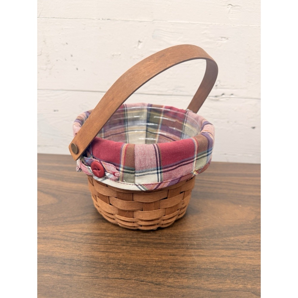 Longaberger Swing Handle Small Fruit Basket Plaid Button Liner Vintage 1989 5"